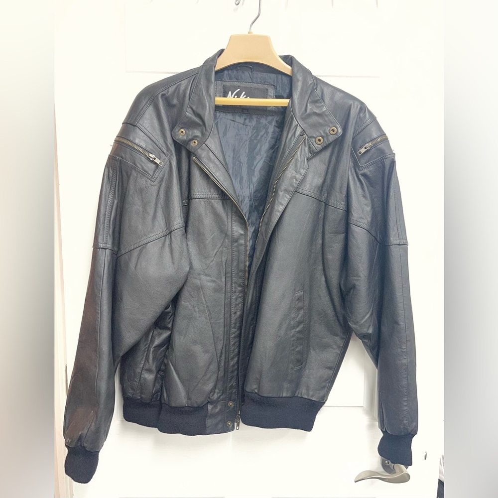 Men's Classic Black Leather Bomber Jacket sz XXL